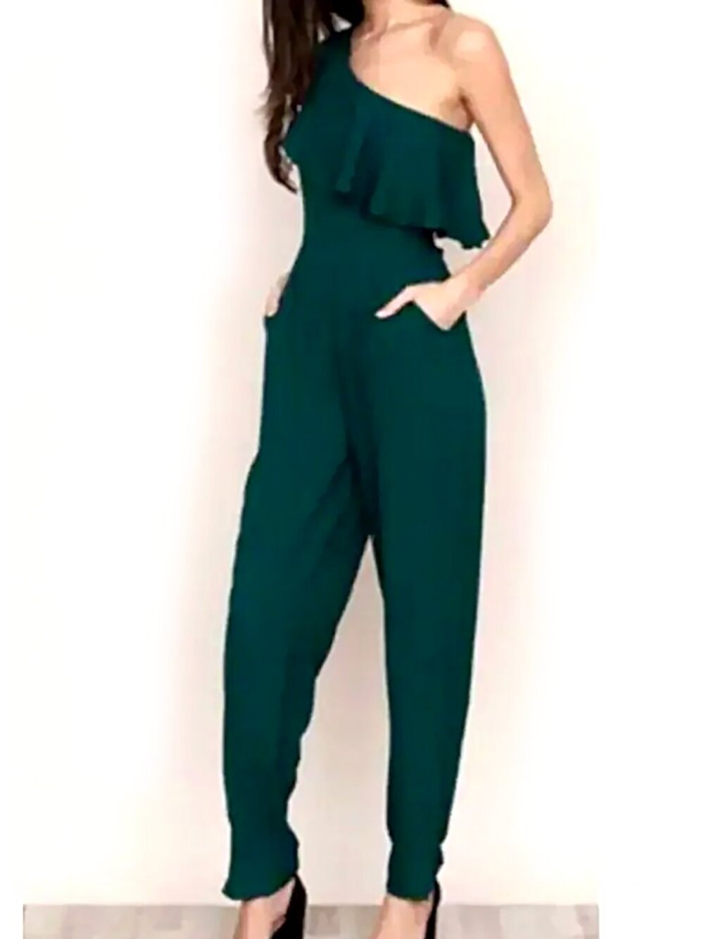 Yumi Kim Green Jumpsuit One Shoulder Skinny Leg Party Cascade Cocktail Formal